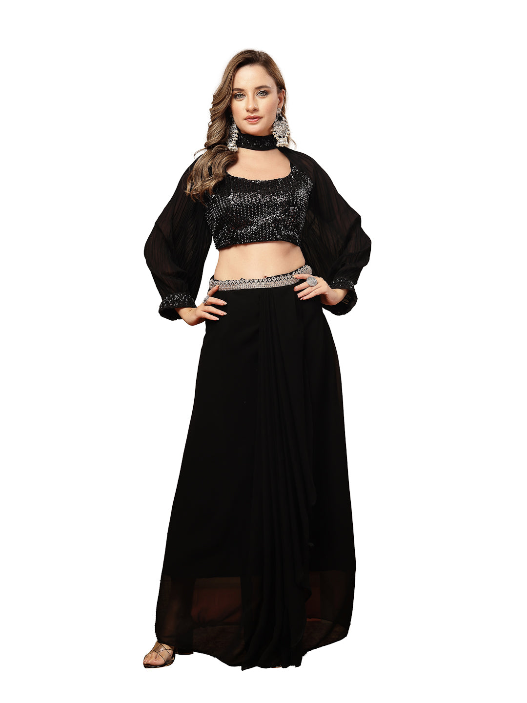 Women's Black Solid & Embroidered Georgette Co-Ords Set