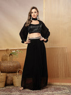 Women's Black Solid & Embroidered Georgette Co-Ords Set