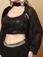 Women's Black Solid & Embroidered Georgette Co-Ords Set