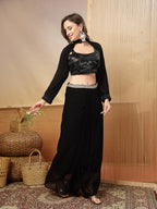Women's Black Solid & Embroidered Georgette Co-Ords Set