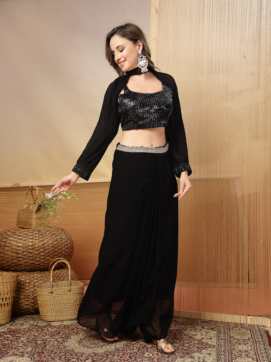 Women's Black Solid & Embroidered Georgette Co-Ords Set