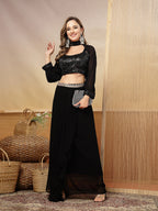 Women's Black Solid & Embroidered Georgette Co-Ords Set