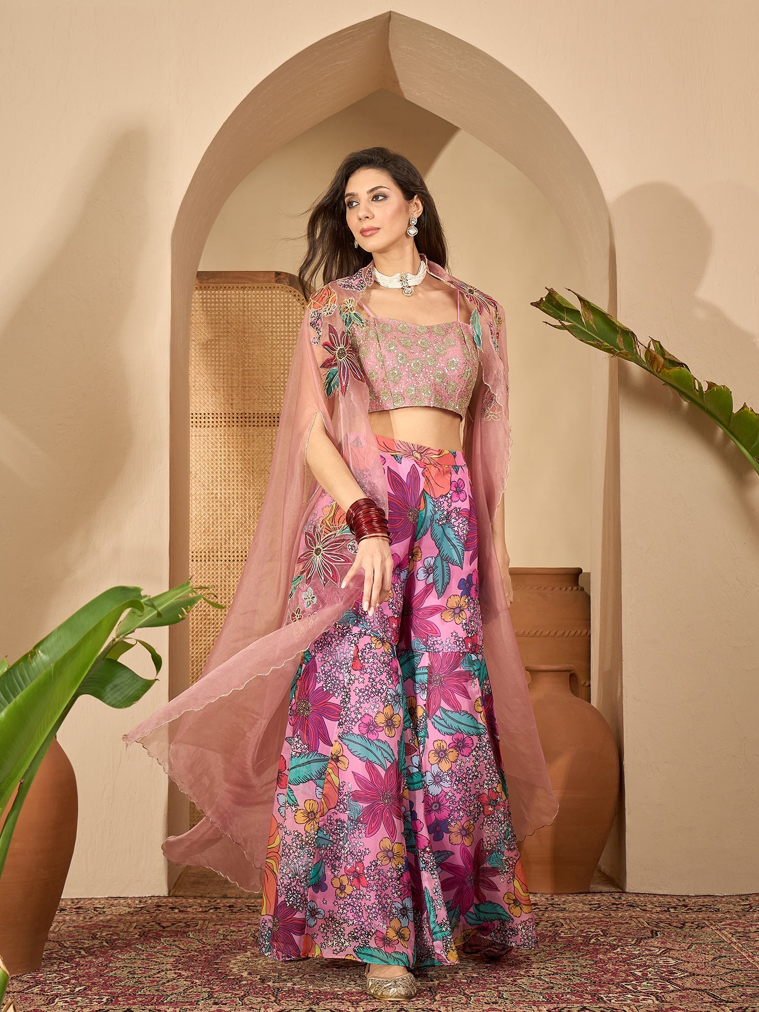 Women's Blush Floral Printed & Embroidered Georgette Co-Ord Set