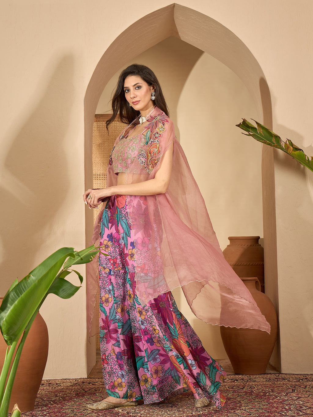 Women's Blush Floral Printed & Embroidered Georgette Co-Ord Set