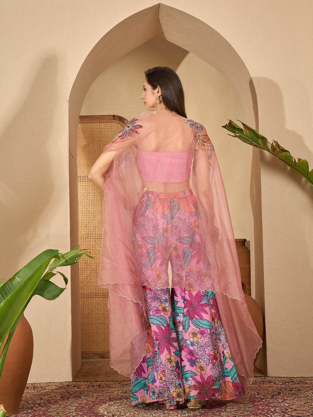 Women's Blush Floral Printed & Embroidered Georgette Co-Ord Set