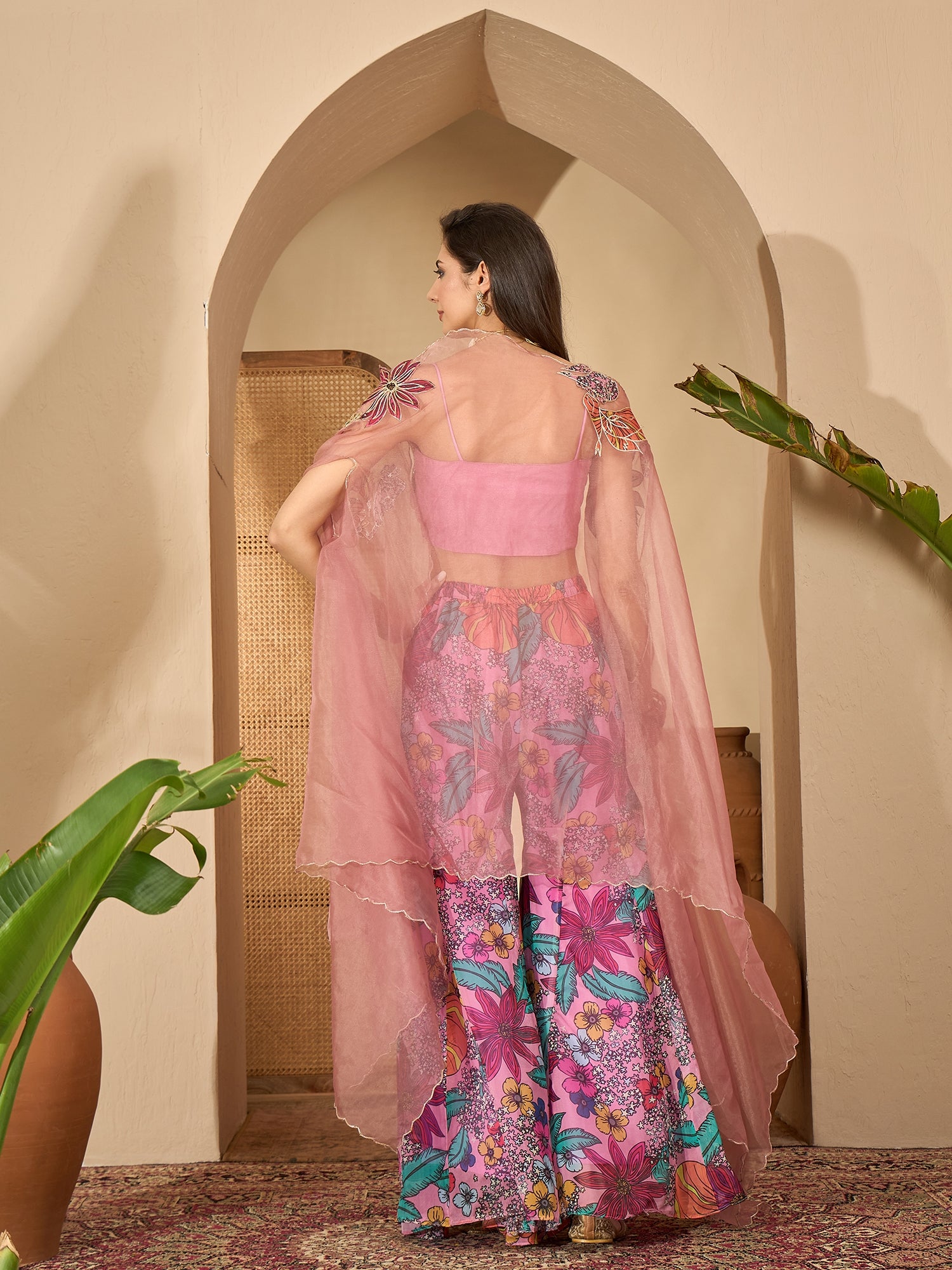 Women's Blush Floral Printed & Embroidered Georgette Co-Ord Set