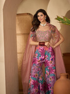 Women's Blush Floral Printed & Embroidered Georgette Co-Ord Set