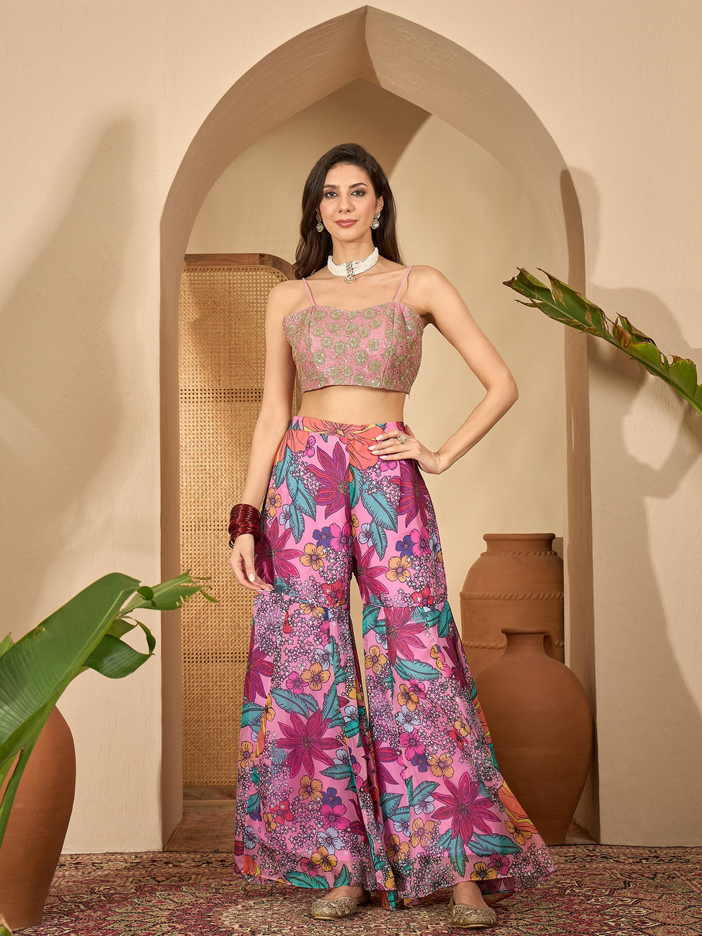 Women's Blush Floral Printed & Embroidered Georgette Co-Ord Set