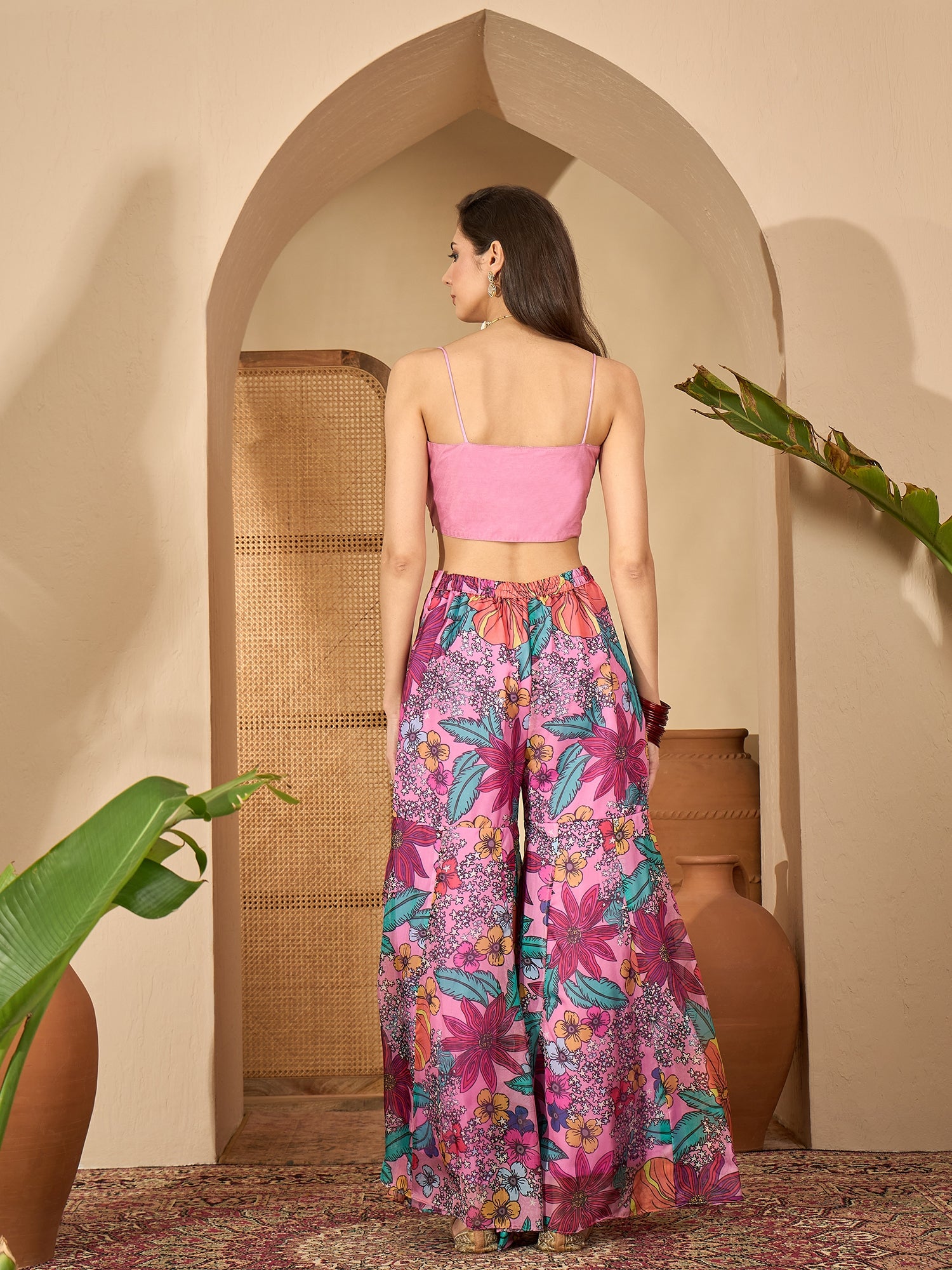 Women's Blush Floral Printed & Embroidered Georgette Co-Ord Set