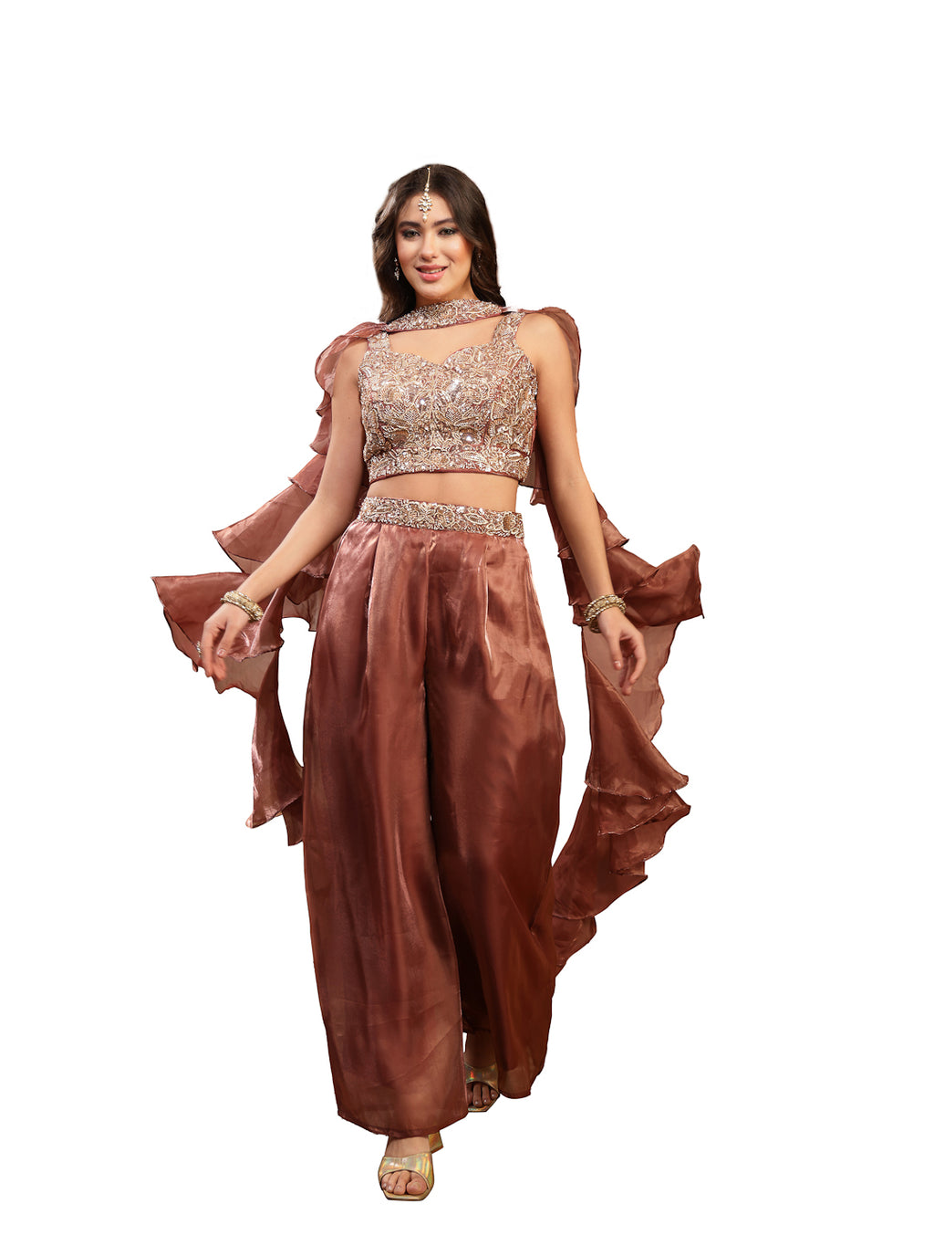 Women's Brown Solid & Embroidered Organza Co-Ords Set