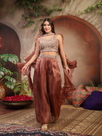 Women's Brown Solid & Embroidered Organza Co-Ords Set