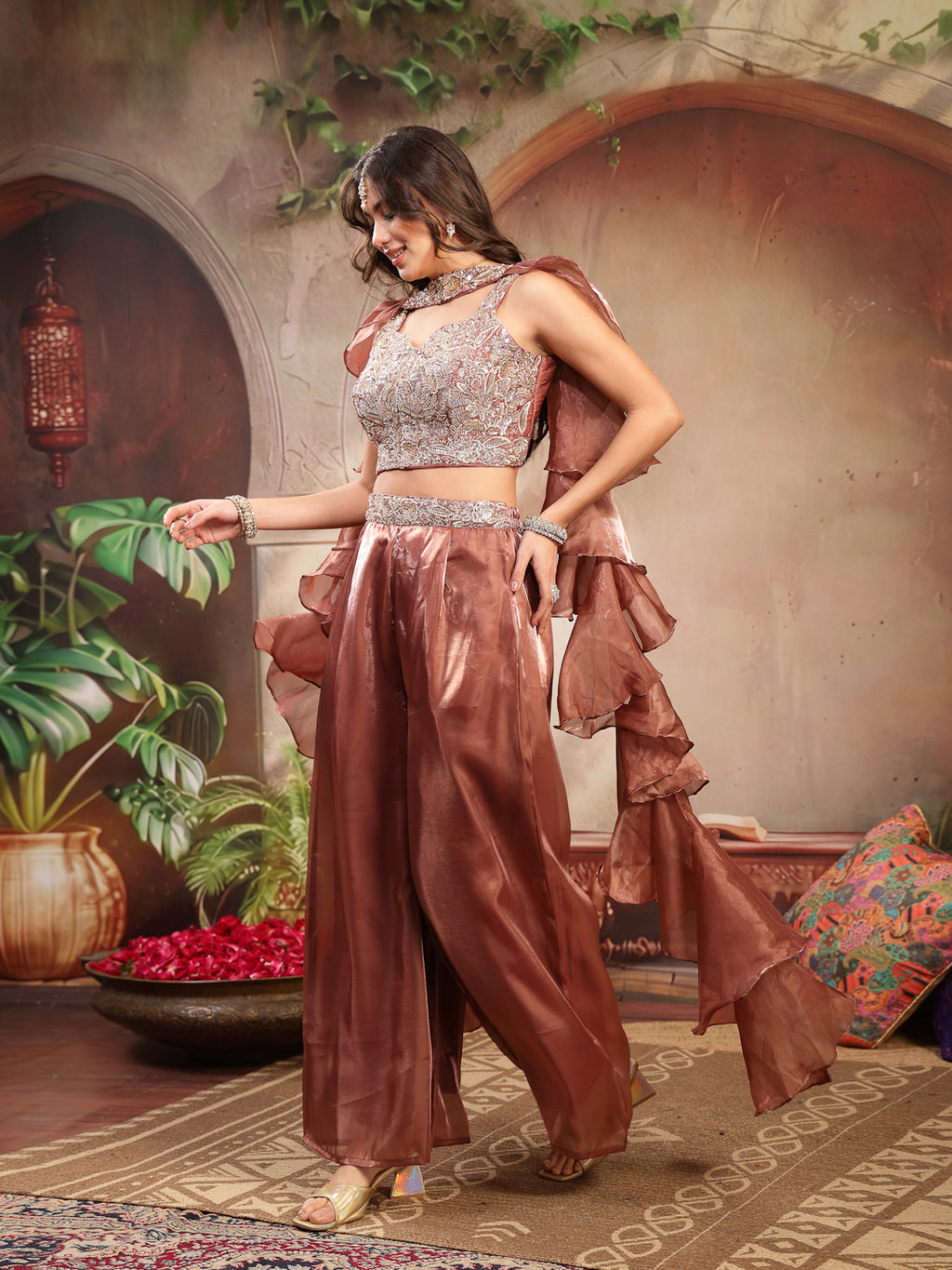 Women's Brown Solid & Embroidered Organza Co-Ords Set