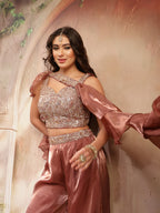 Women's Brown Solid & Embroidered Organza Co-Ords Set