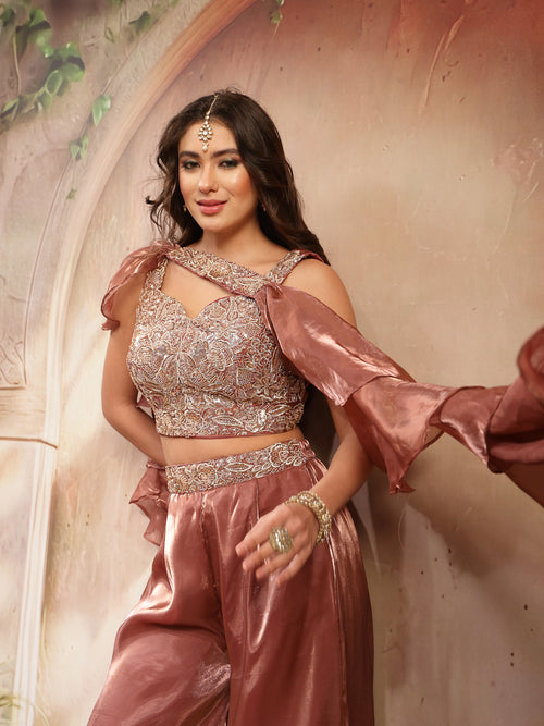 Women's Brown Solid & Embroidered Organza Co-Ords Set