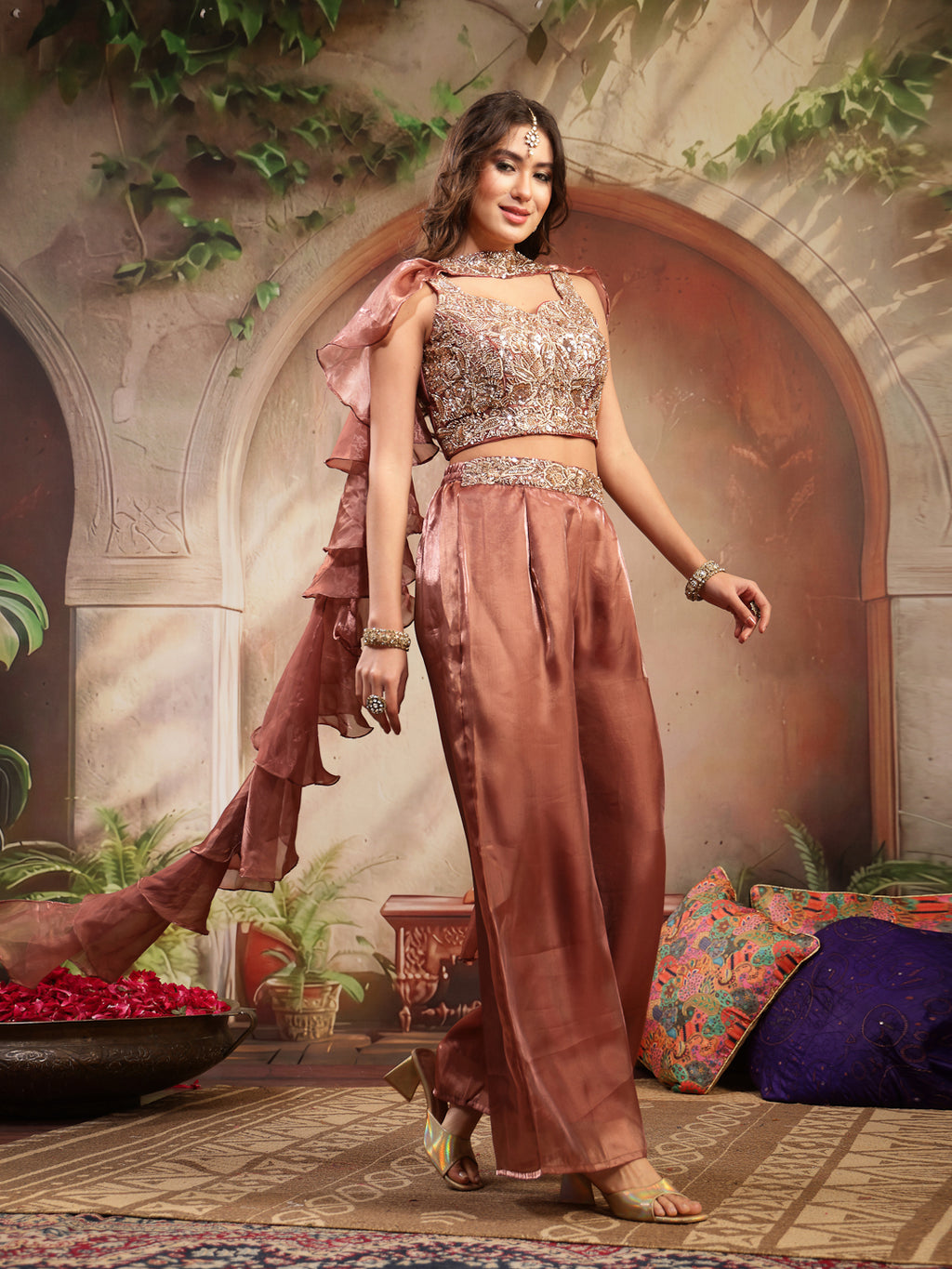 Women's Brown Solid & Embroidered Organza Co-Ords Set