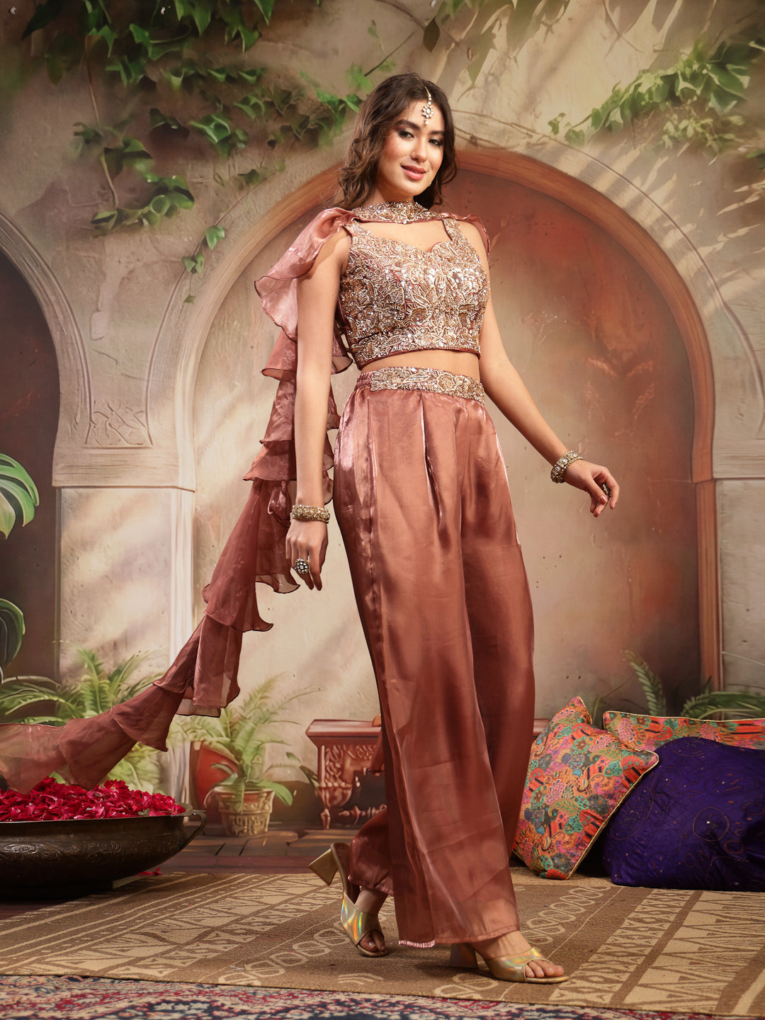 Women's Brown Solid & Embroidered Organza Co-Ords Set