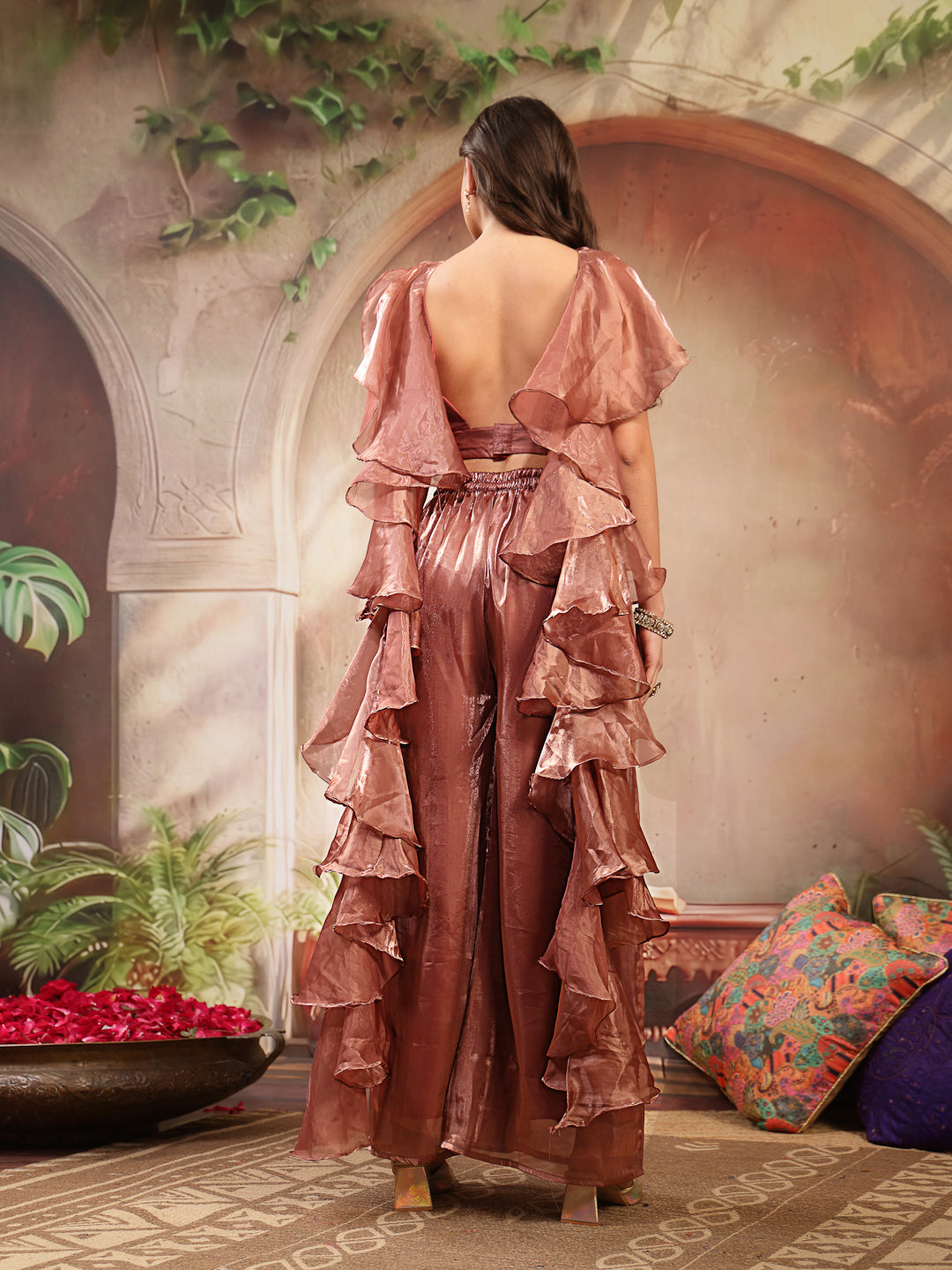 Women's Brown Solid & Embroidered Organza Co-Ords Set