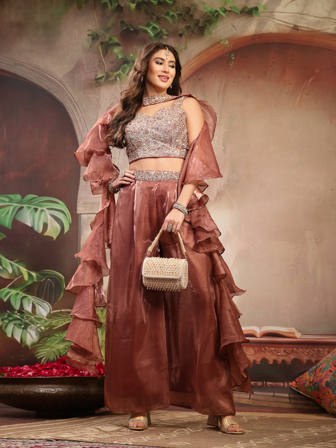 Women's Brown Solid & Embroidered Organza Co-Ords Set