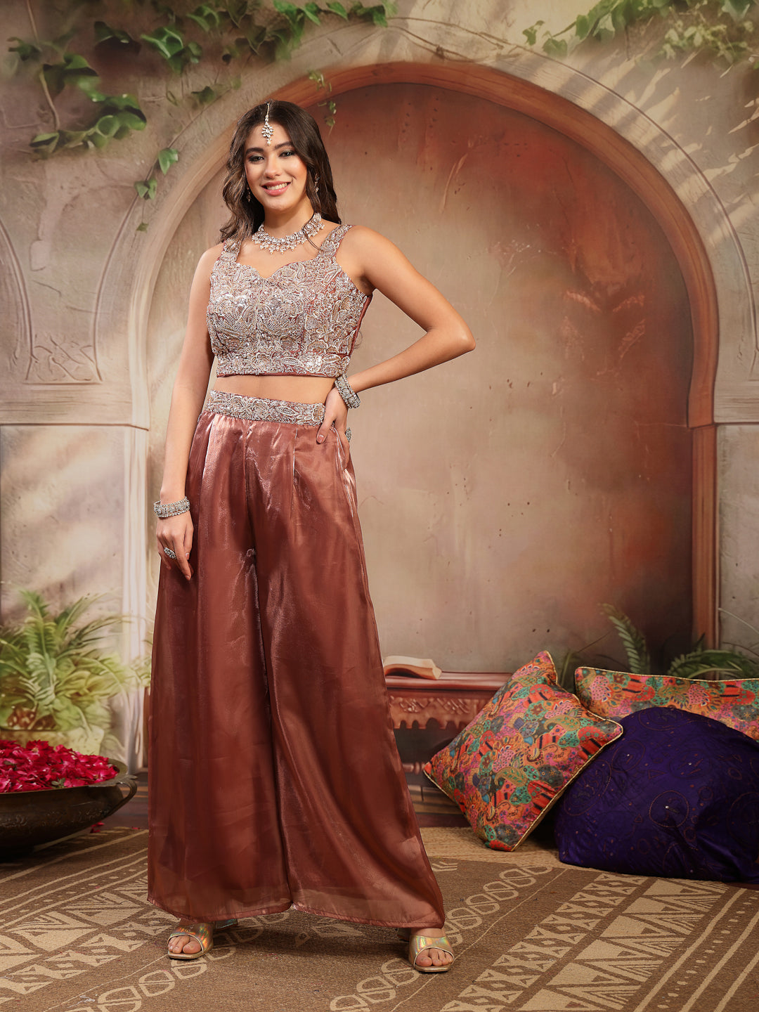 Women's Brown Solid & Embroidered Organza Co-Ords Set