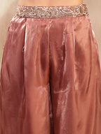 Women's Brown Solid & Embroidered Organza Co-Ords Set