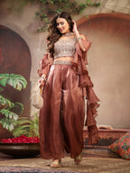 Women's Brown Solid & Embroidered Organza Co-Ords Set