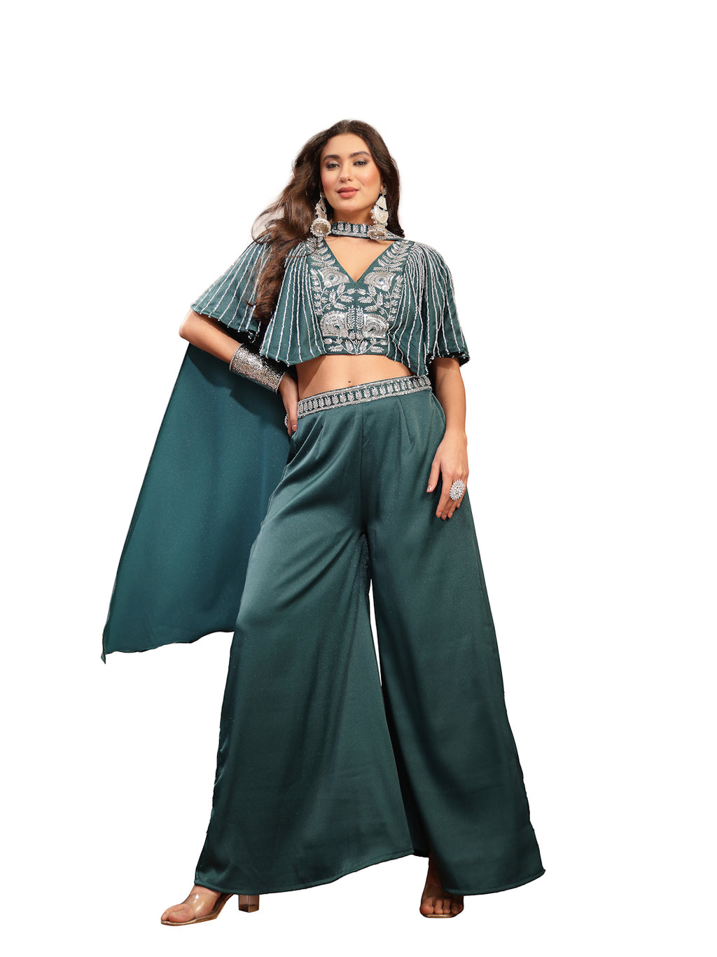 Women's Green Solid & Embroidered Poly Georgette Co-Ords Set