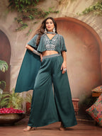 Women's Green Solid & Embroidered Poly Georgette Co-Ords Set