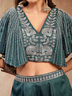 Women's Green Solid & Embroidered Poly Georgette Co-Ords Set