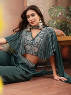 Women's Green Solid & Embroidered Poly Georgette Co-Ords Set