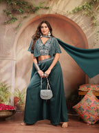 Women's Green Solid & Embroidered Poly Georgette Co-Ords Set