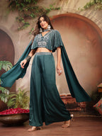 Women's Green Solid & Embroidered Poly Georgette Co-Ords Set