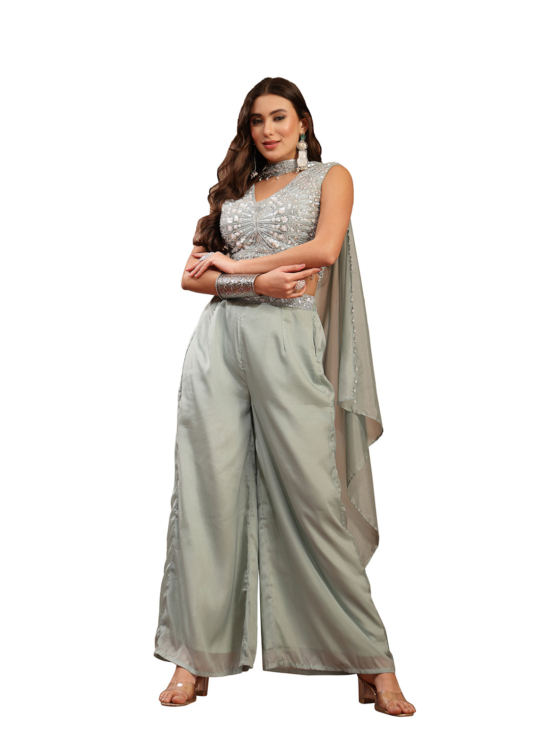 Women's Green Solid & Embroidered Poly Georgette Co-Ord Set