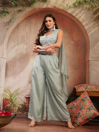 Women's Green Solid & Embroidered Poly Georgette Co-Ord Set