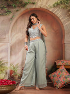 Women's Green Solid & Embroidered Poly Georgette Co-Ord Set