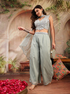Women's Green Solid & Embroidered Poly Georgette Co-Ord Set