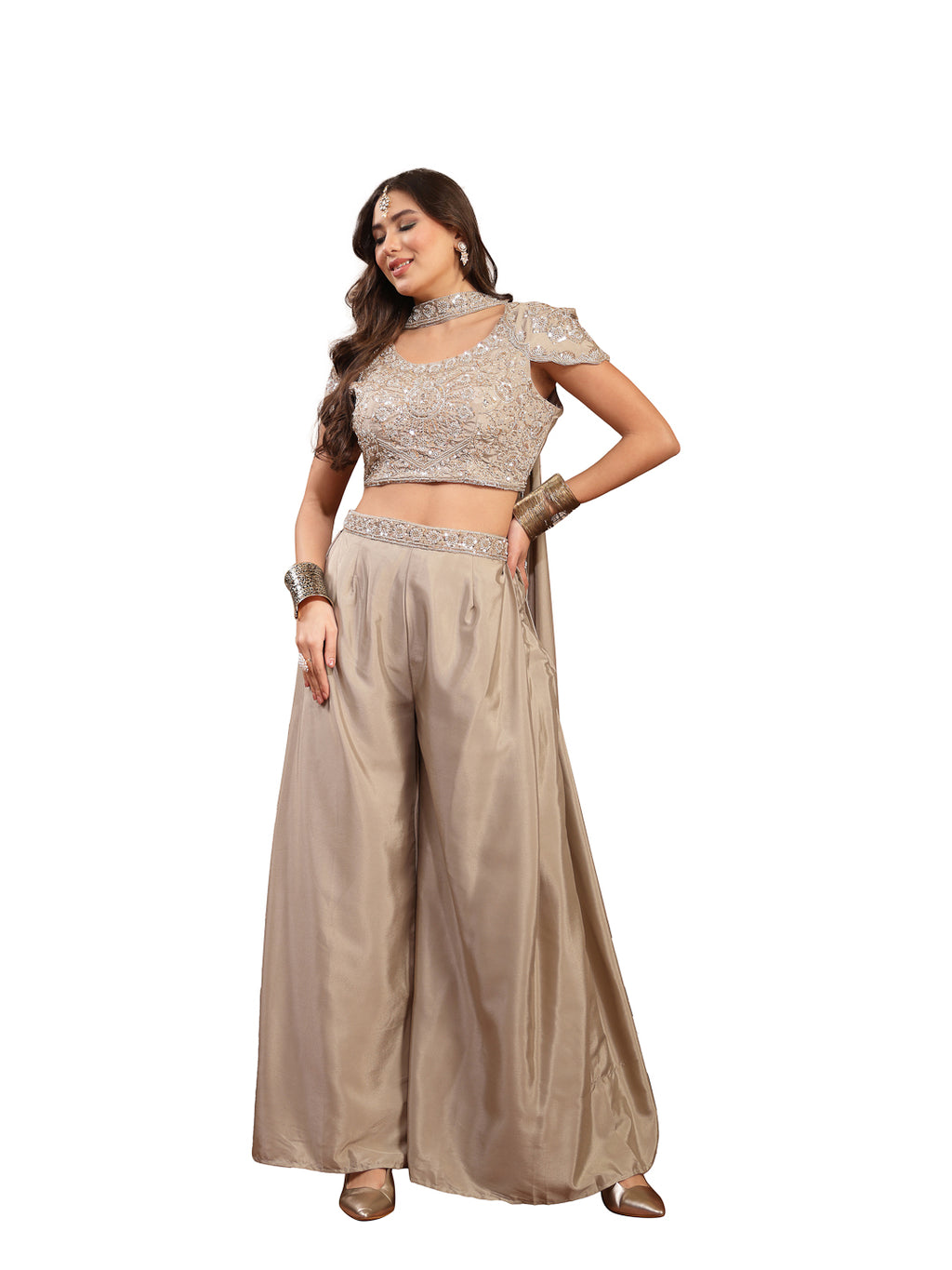 Women's Grey Solid & Embroidered Poly Georgette Co-Ords Set