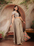 Women's Grey Solid & Embroidered Poly Georgette Co-Ords Set