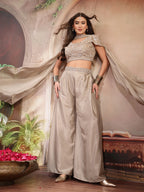 Women's Grey Solid & Embroidered Poly Georgette Co-Ords Set
