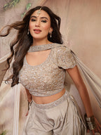 Women's Grey Solid & Embroidered Poly Georgette Co-Ords Set