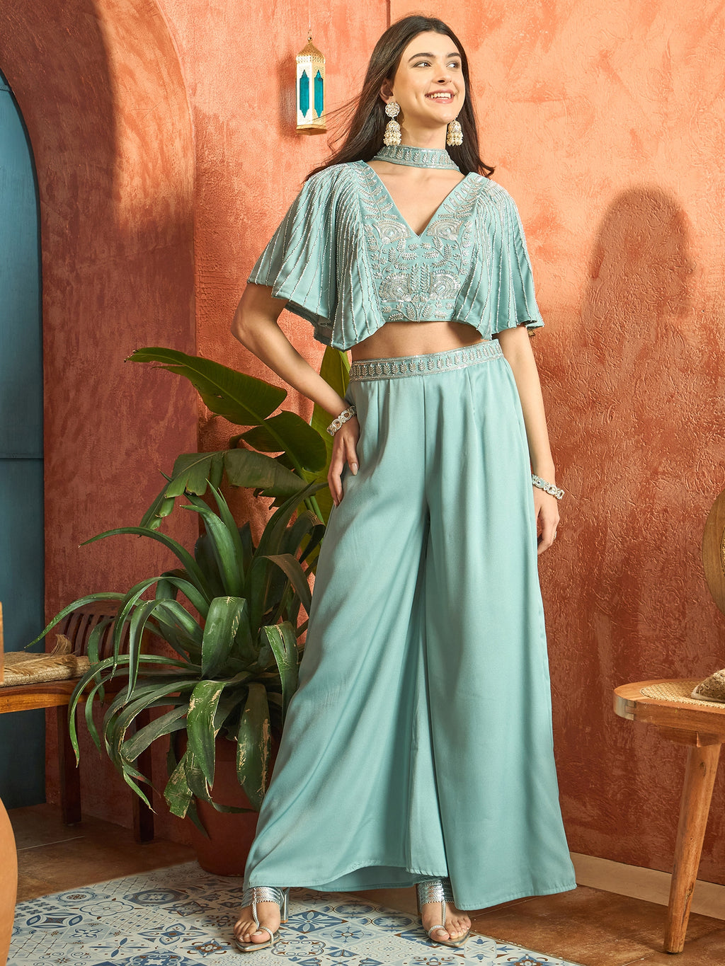 Women's Light Blue Solid & Embroidered Poly Georgette Co-Ords Set