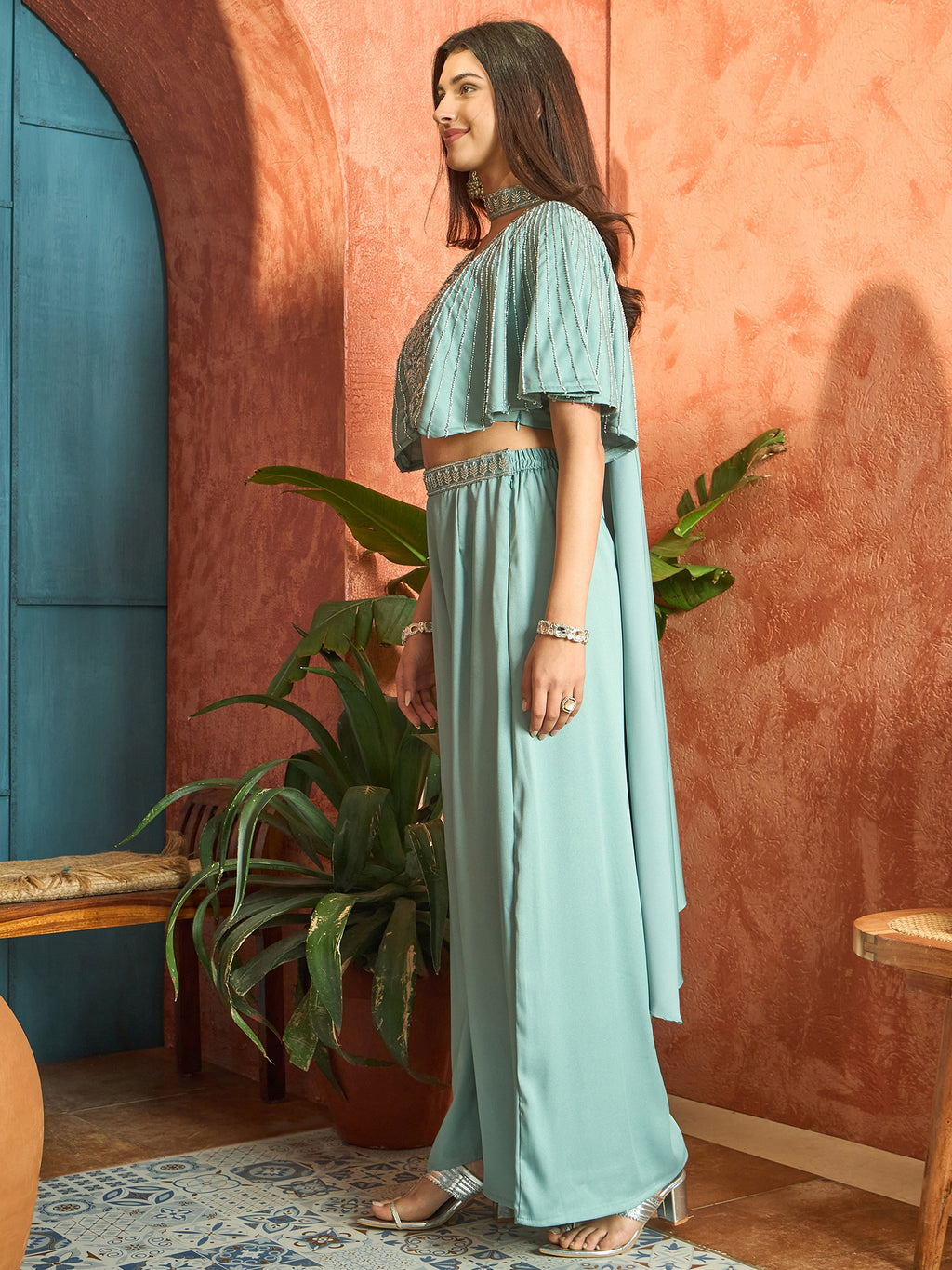 Women's Light Blue Solid & Embroidered Poly Georgette Co-Ords Set