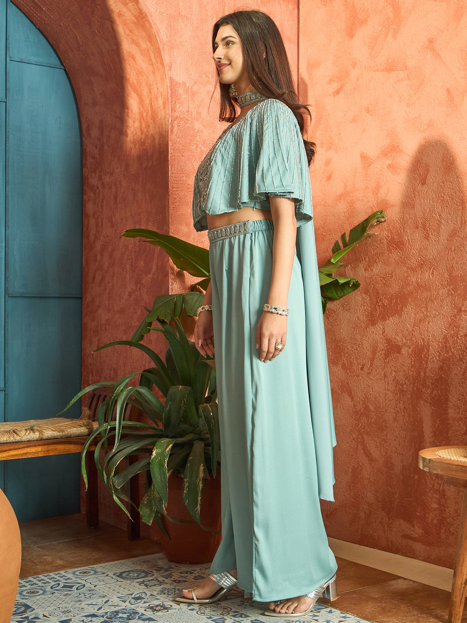 Women's Light Blue Solid & Embroidered Poly Georgette Co-Ords Set