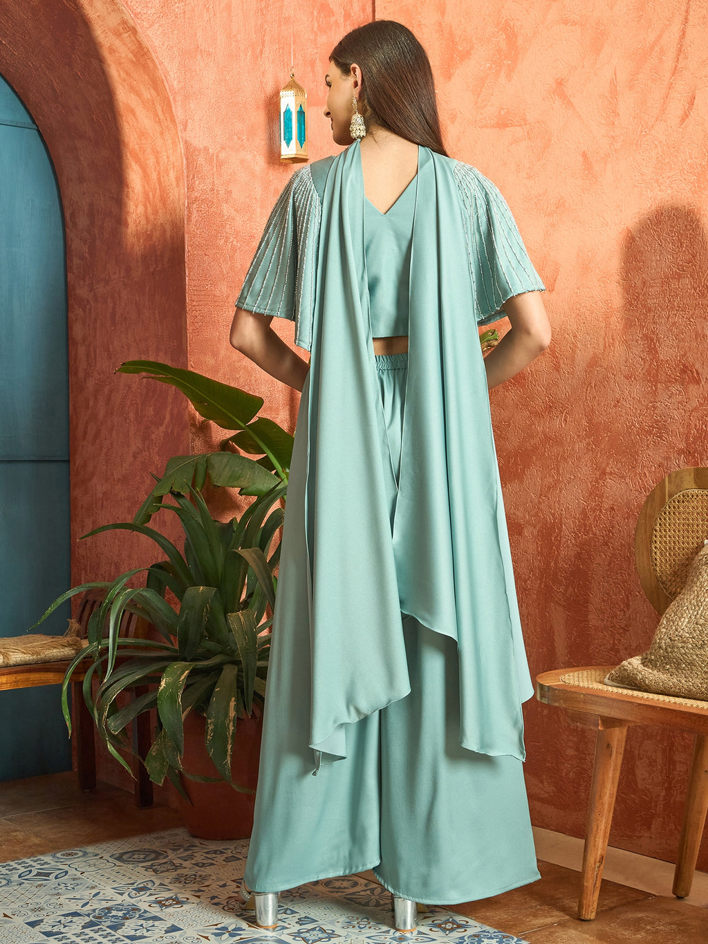 Women's Light Blue Solid & Embroidered Poly Georgette Co-Ords Set
