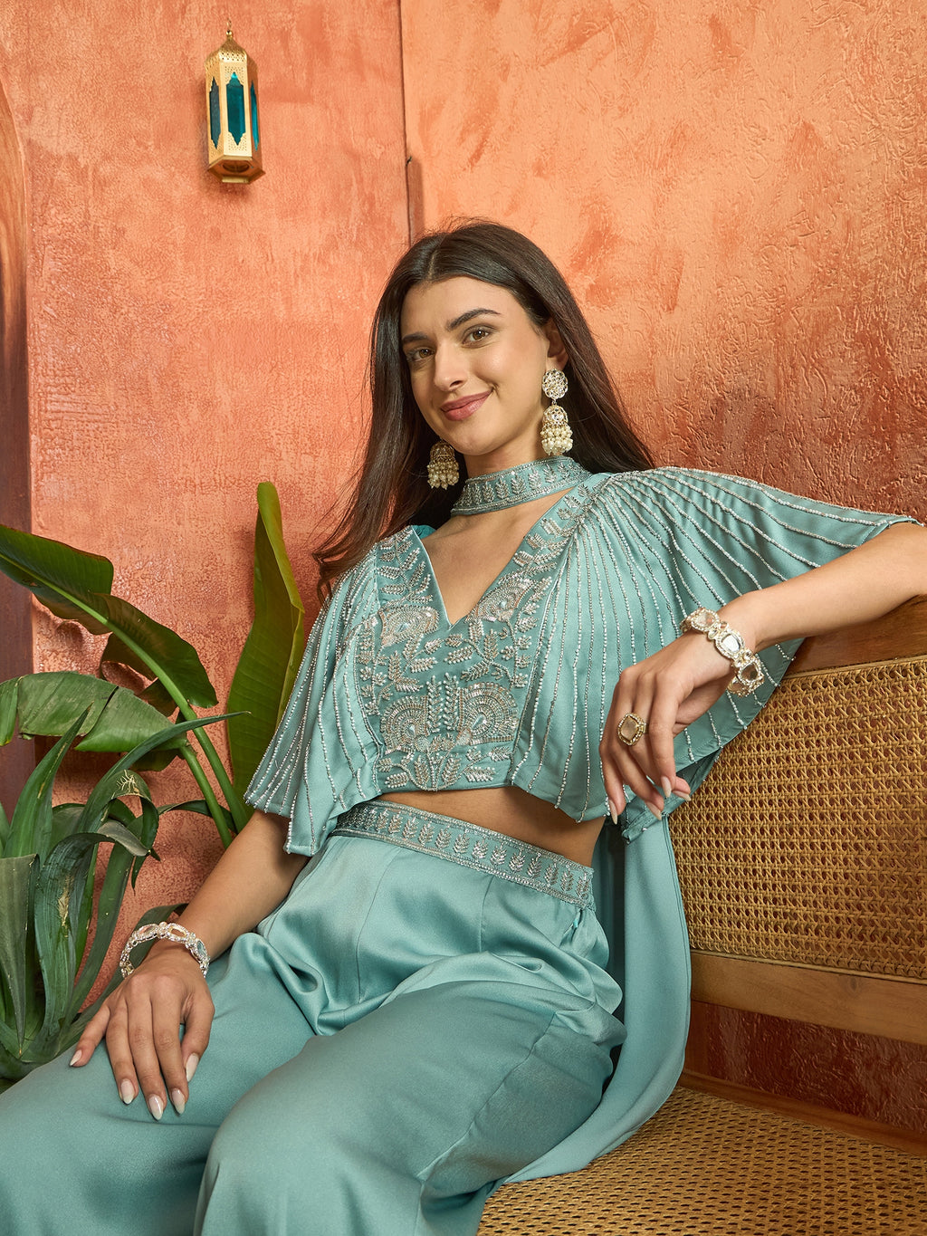 Women's Light Blue Solid & Embroidered Poly Georgette Co-Ords Set