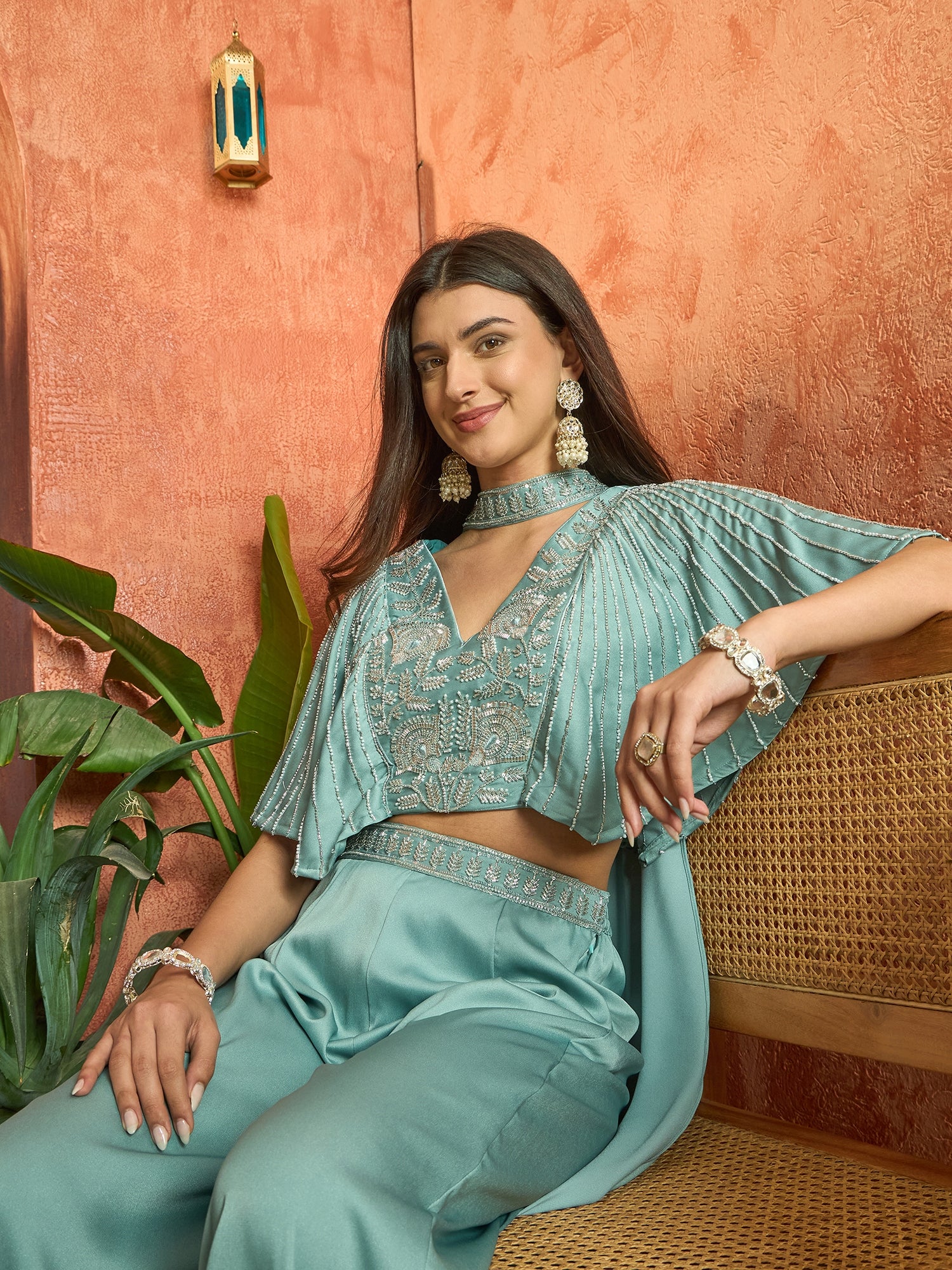 Women's Light Blue Solid & Embroidered Poly Georgette Co-Ords Set