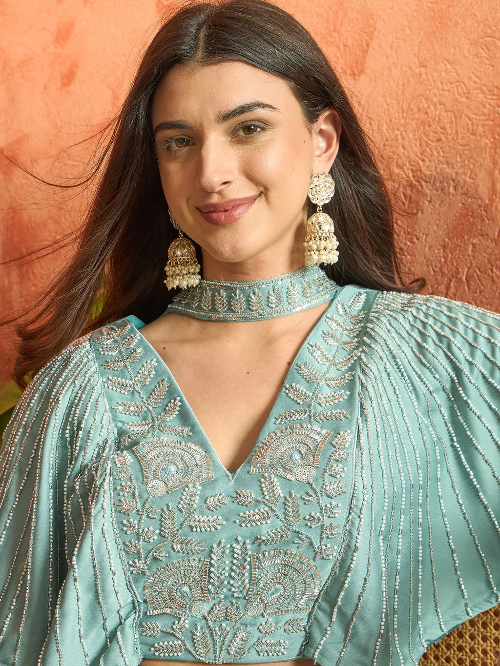 Women's Light Blue Solid & Embroidered Poly Georgette Co-Ords Set