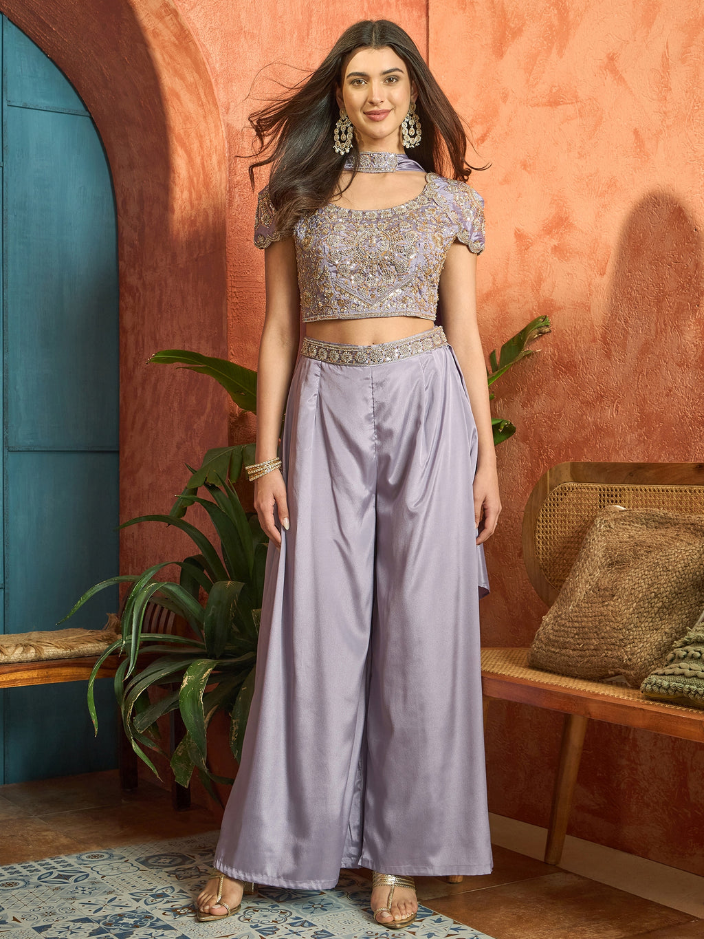 Women's Lilac Solid & Embroidered Poly Georgette Co-Ords Set