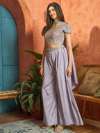 Women's Lilac Solid & Embroidered Poly Georgette Co-Ords Set