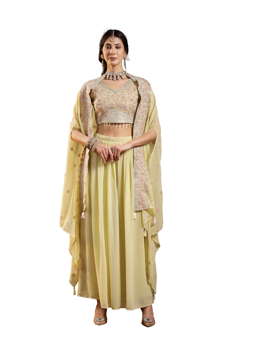 Women's Lime Green Solid & Embroidered Georgette Co-Ord Set