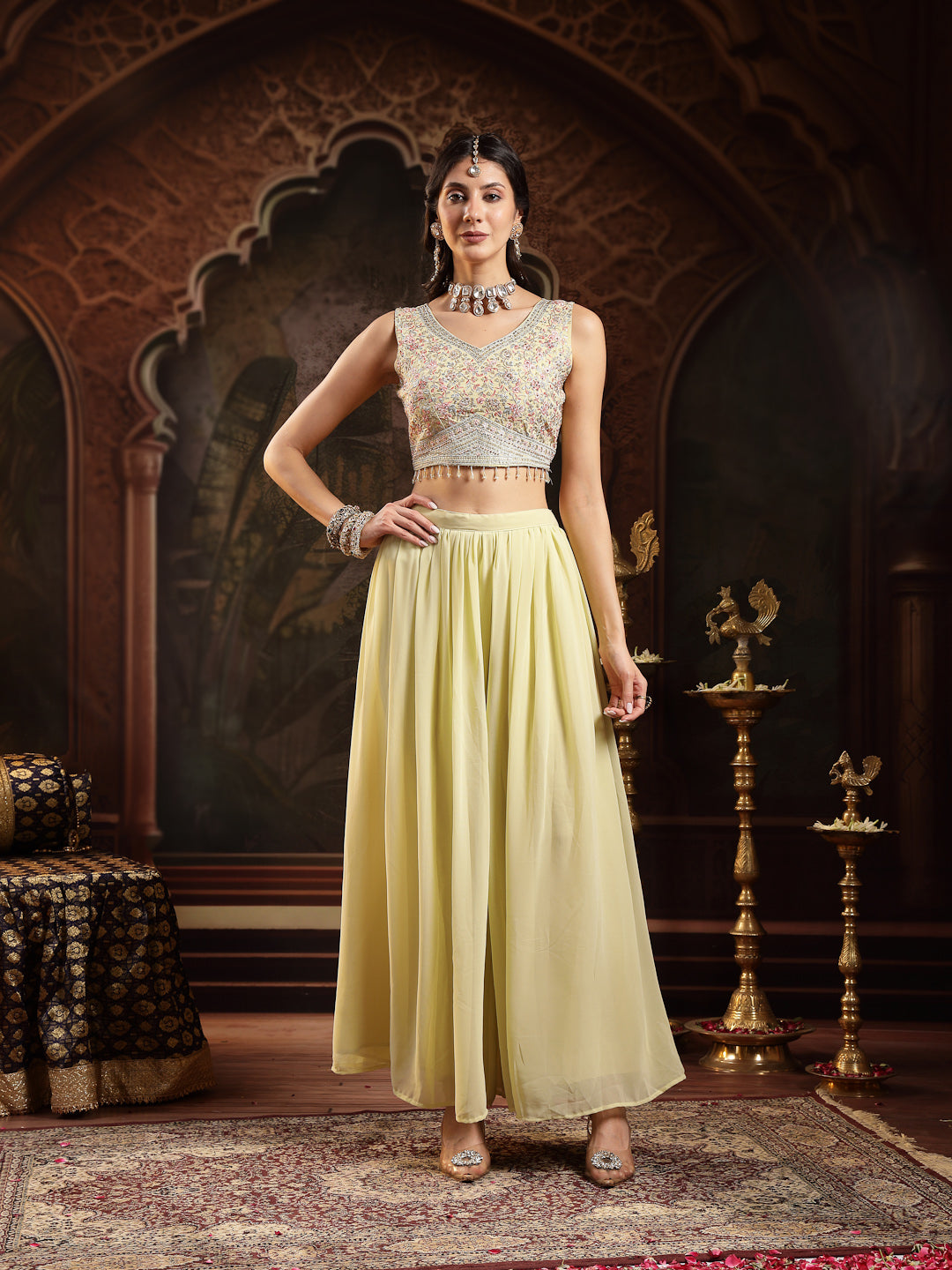 Women's Lime Green Solid & Embroidered Georgette Co-Ord Set
